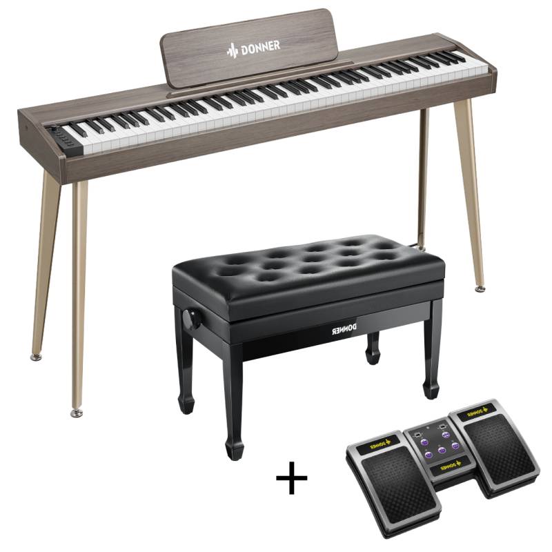 Donner DDP-60 E-piano Keyboard Holzstil Home Digitalpiano, Grau-Braun / Piano + Duet höhenverstellbare Bank + Page Turner von Donner
