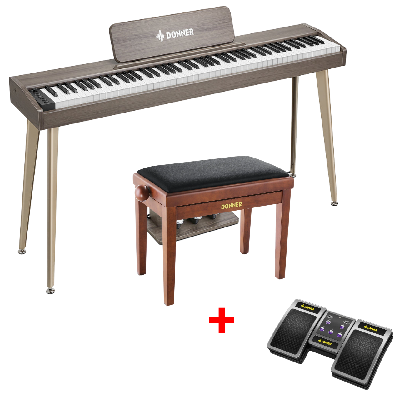 Donner DDP-60 E-piano Keyboard Holzstil Home Digitalpiano, Grau-Braun / Piano + höhenverstellbare Bank + Page Turner von Donner