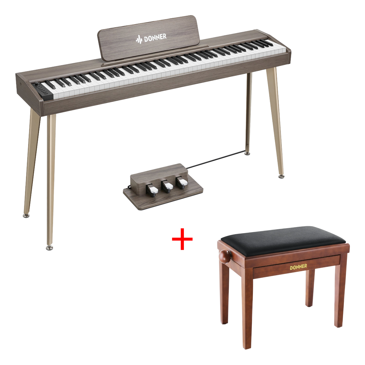Donner DDP-60 E-piano Keyboard Holzstil Home Digitalpiano, Grau-Braun / Piano + höhenverstellbare Bank von Donner
