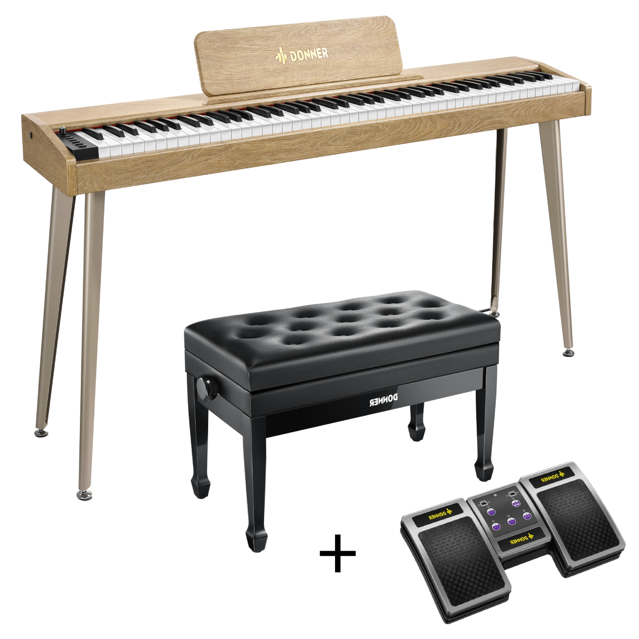 Donner DDP-60 E-piano Keyboard Holzstil Home Digitalpiano, Helle Holzfarbe / Piano + Duet höhenverstellbare Bank + Page Turner von Donner