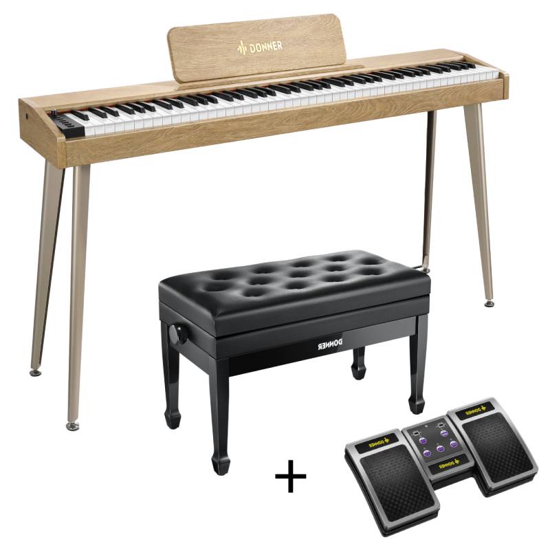 Donner DDP-60 E-piano Keyboard Holzstil Home Digitalpiano, Helle Holzfarbe / Piano + Duet höhenverstellbare Bank + Page Turner von Donner