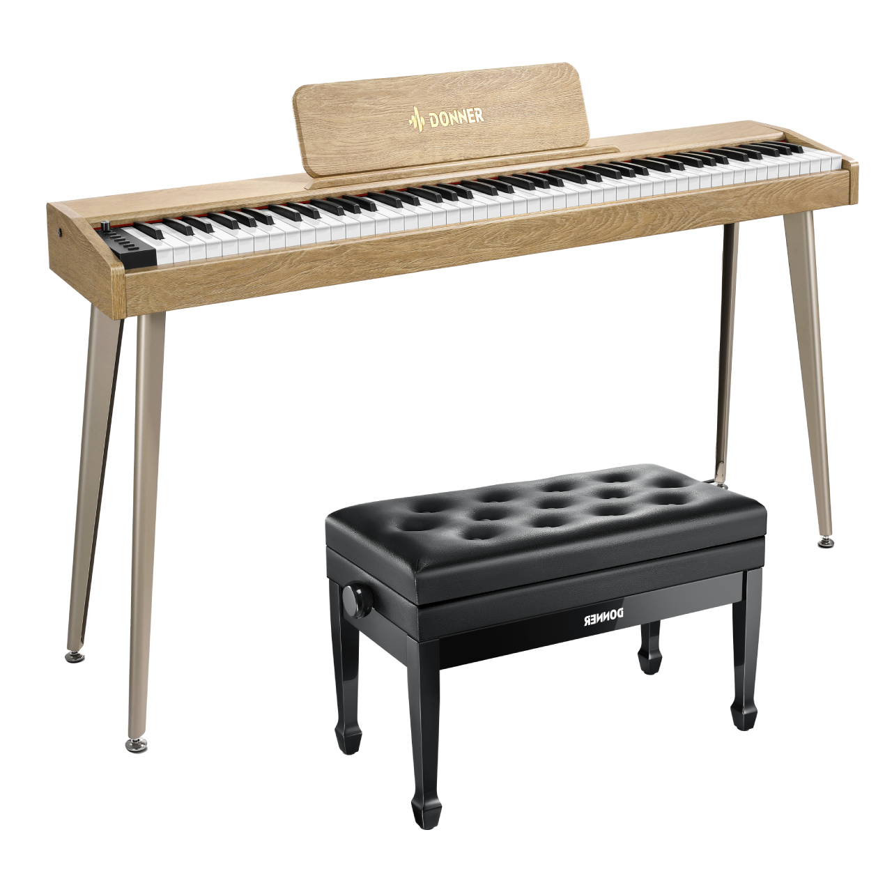 Donner DDP-60 E-piano Keyboard Holzstil Home Digitalpiano, Helle Holzfarbe / Piano + Duet höhenverstellbare Bank von Donner