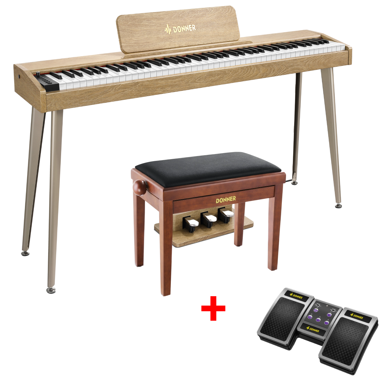 Donner DDP-60 E-piano Keyboard Holzstil Home Digitalpiano, Helle Holzfarbe / Piano + höhenverstellbare Bank + Page Turner von Donner