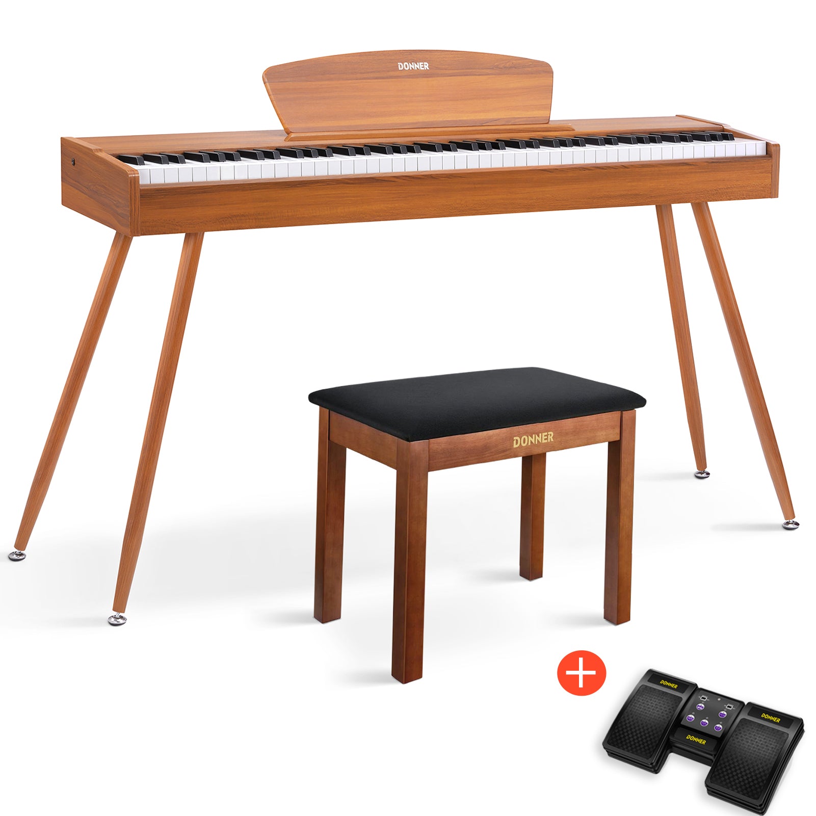 Donner DDP-80 Digital-Piano für Zuhause 88 gewichtete Tasten & Stilvolles Holzdesign mit 3 Pedale - Natürlich / Piano + Brauner Klavierbank + Page Turner von Donner