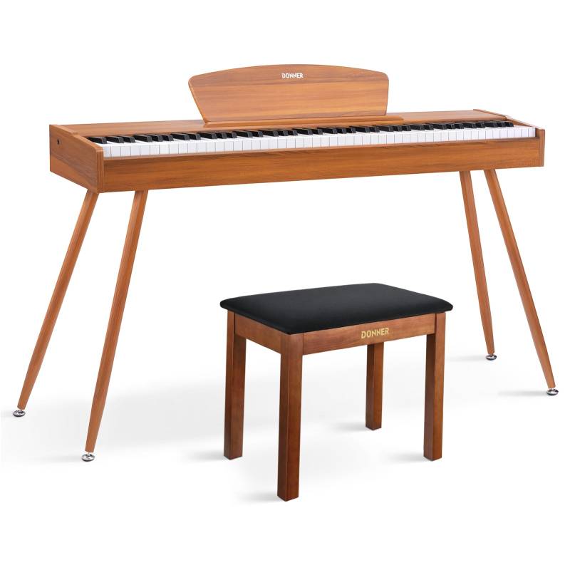 Donner DDP-80 Digital-Piano für Zuhause 88 gewichtete Tasten & Stilvolles Holzdesign mit 3 Pedale - Natürlich / Piano + Brauner Klavierbank von Donner