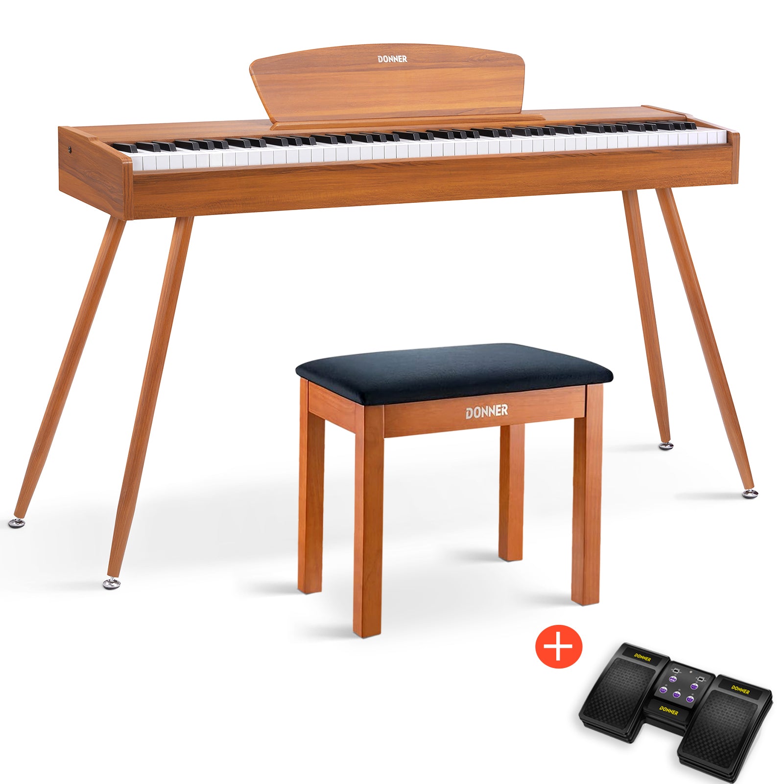 Donner DDP-80 Digital-Piano für Zuhause 88 gewichtete Tasten & Stilvolles Holzdesign mit 3 Pedale - Natürlich / Piano + Hölzerner Klavierbank + Page Turner von Donner