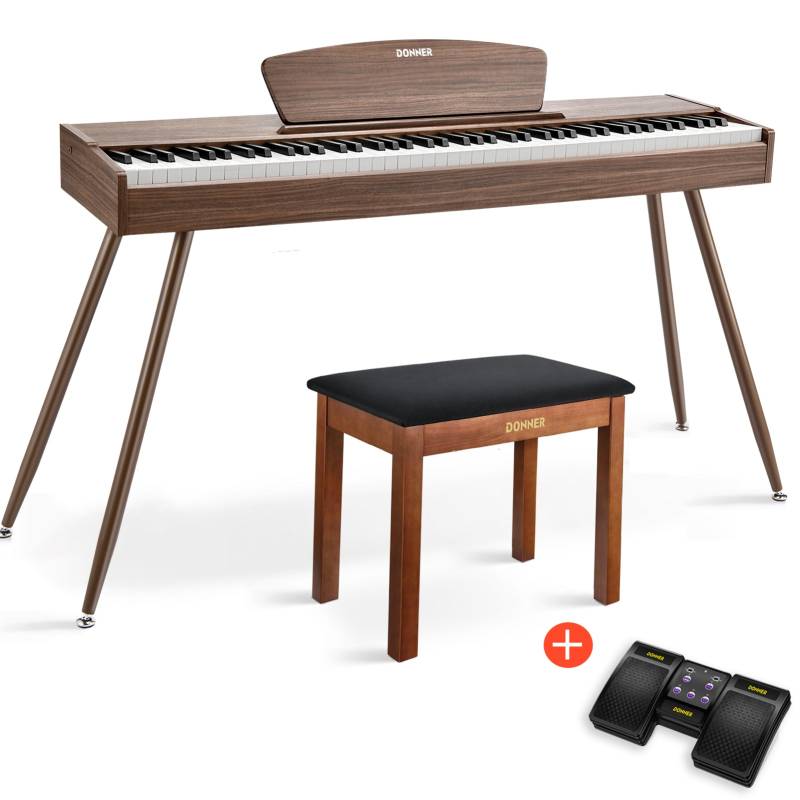 Donner DDP-80 Digital-Piano für Zuhause 88 gewichtete Tasten & Stilvolles Holzdesign mit 3 Pedale - Walnut / Piano + Brauner Klavierbank + Page Turner von Donner