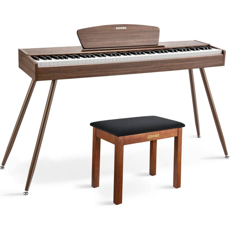 Donner DDP-80 Digital-Piano für Zuhause 88 gewichtete Tasten & Stilvolles Holzdesign mit 3 Pedale - Walnut / Piano + Brauner Klavierbank von Donner