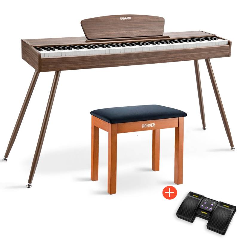 Donner DDP-80 Digital-Piano für Zuhause 88 gewichtete Tasten & Stilvolles Holzdesign mit 3 Pedale - Walnut / Piano + Hölzerner Klavierbank + Page Turner von Donner