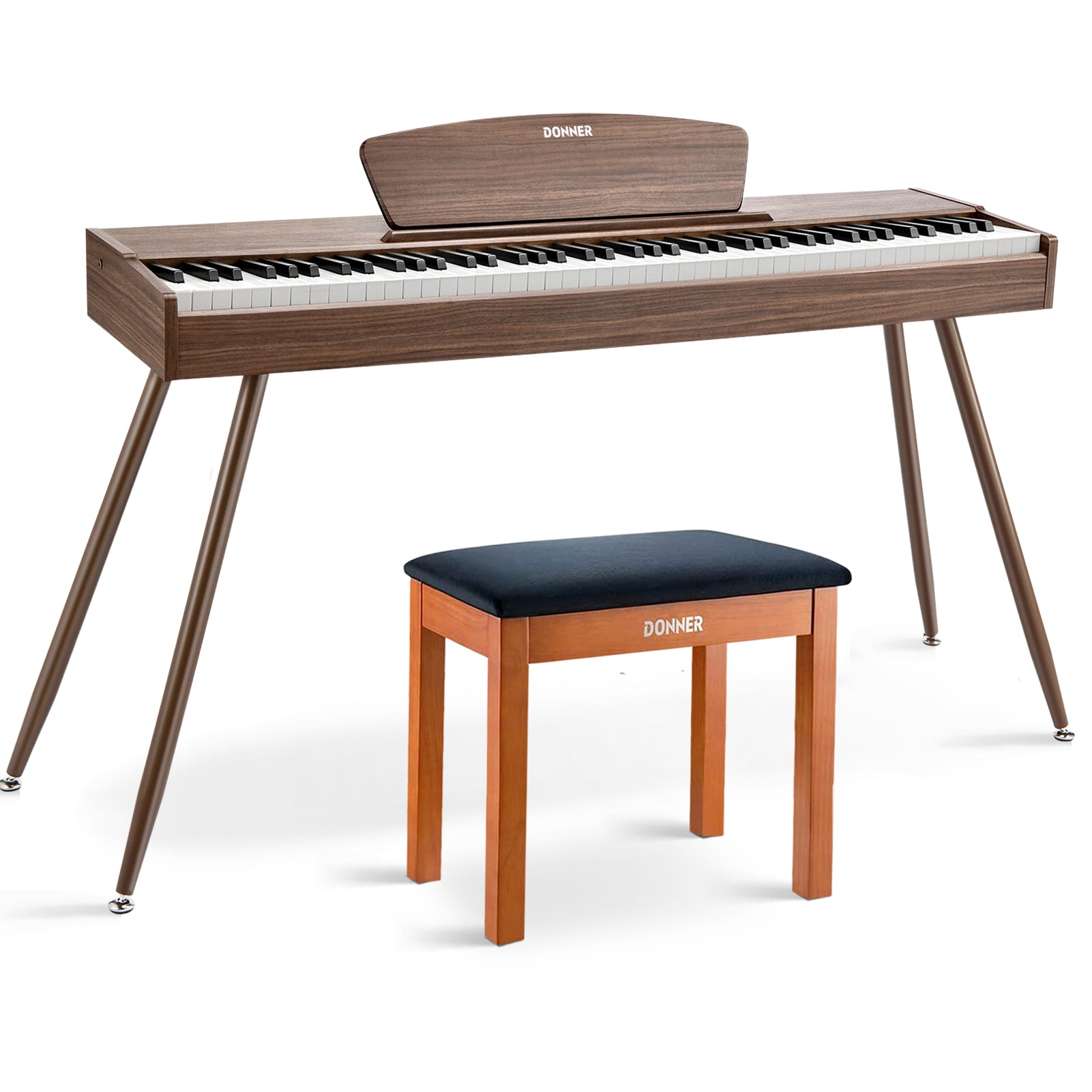 Donner DDP-80 Digital-Piano für Zuhause 88 gewichtete Tasten & Stilvolles Holzdesign mit 3 Pedale - Walnut / Piano + Hölzerner Klavierbank von Donner