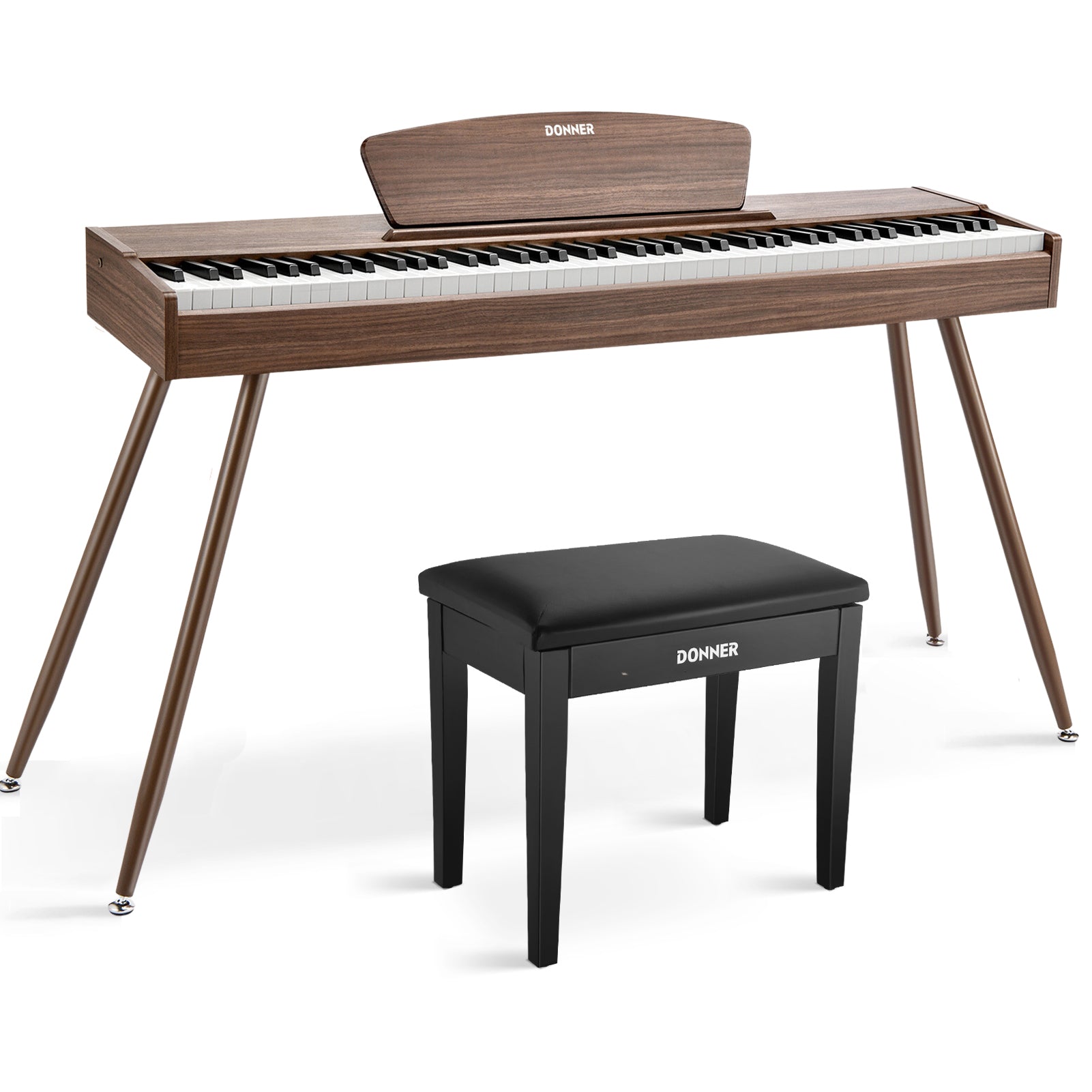 Donner DDP-80 Digital-Piano für Zuhause 88 gewichtete Tasten & Stilvolles Holzdesign mit 3 Pedale - Walnut / Piano + Schwarz Klavierbank von Donner