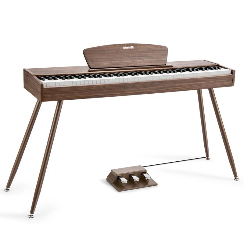 Donner DDP-80 Digital-Piano für Zuhause 88 gewichtete Tasten & Stilvolles Holzdesign mit 3 Pedale - Walnut / Piano von Donner