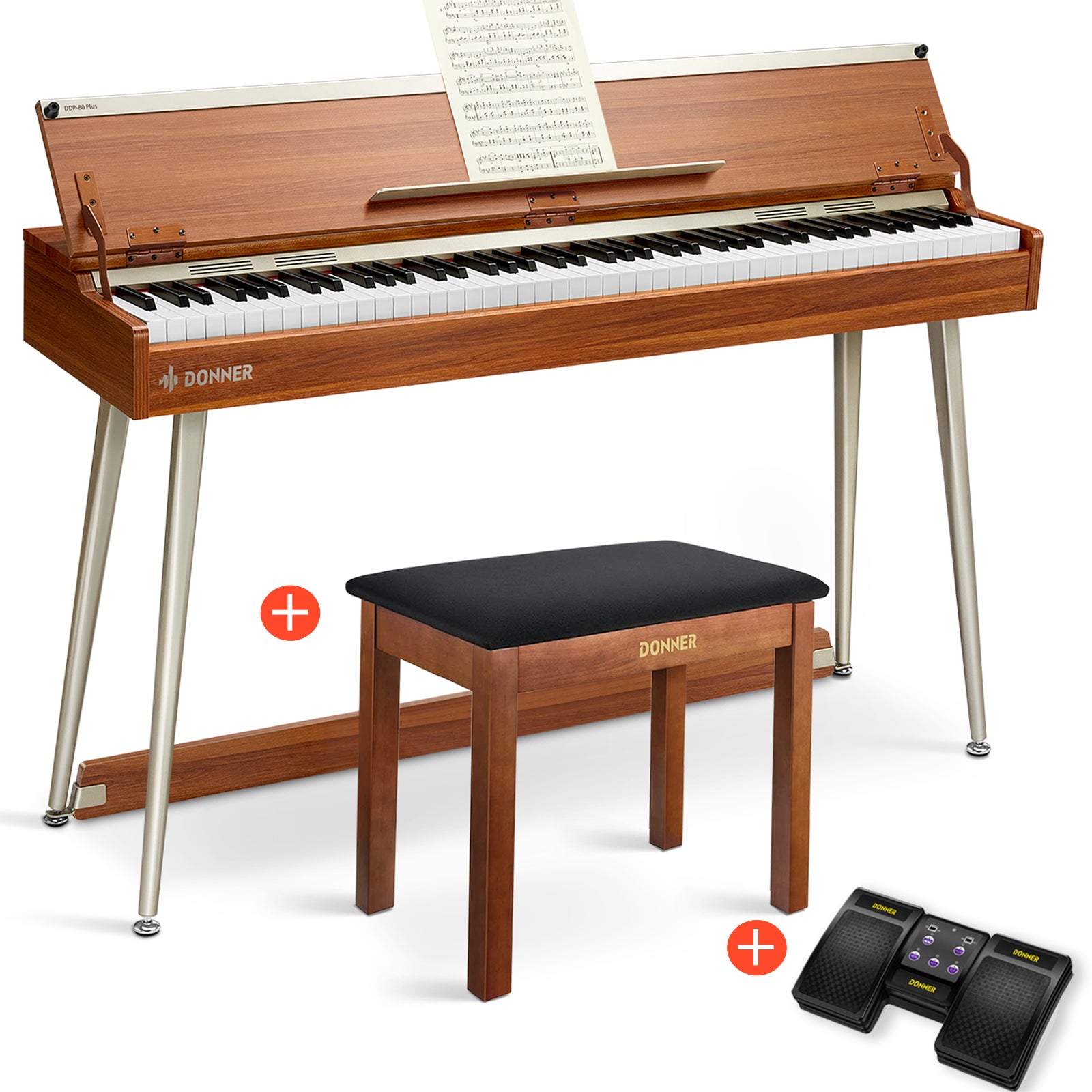 Donner DDP-80 PLUS Digitalpiano Minimalistisches Holzdesign - Piano + Brauner Klavierbank + Page Turner von Donner
