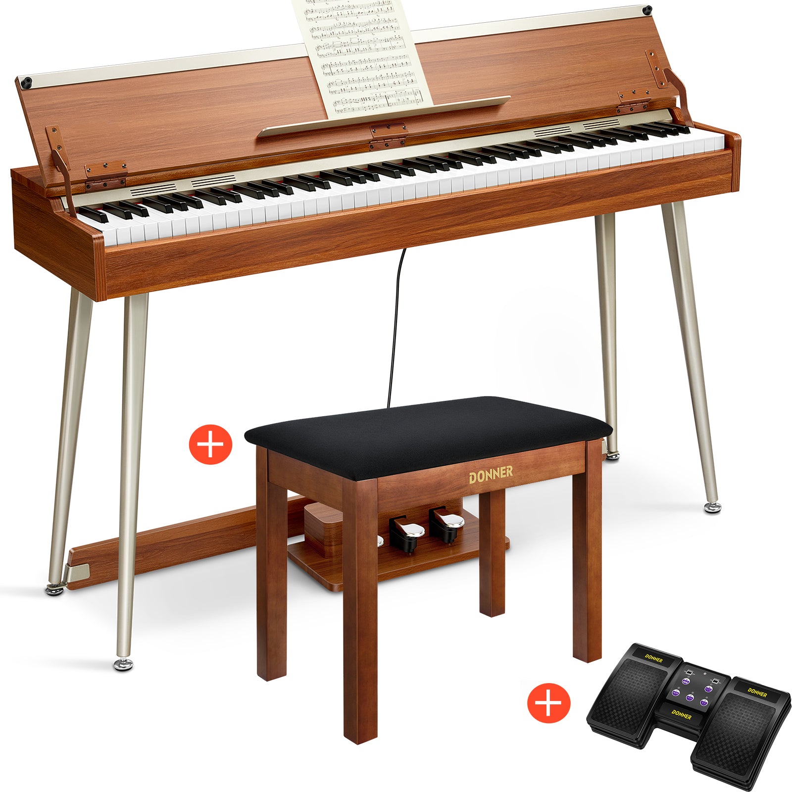 Donner DDP-80 PLUS Digitalpiano Minimalistisches Holzdesign - Piano + Brauner Klavierbank + Page Turner von Donner