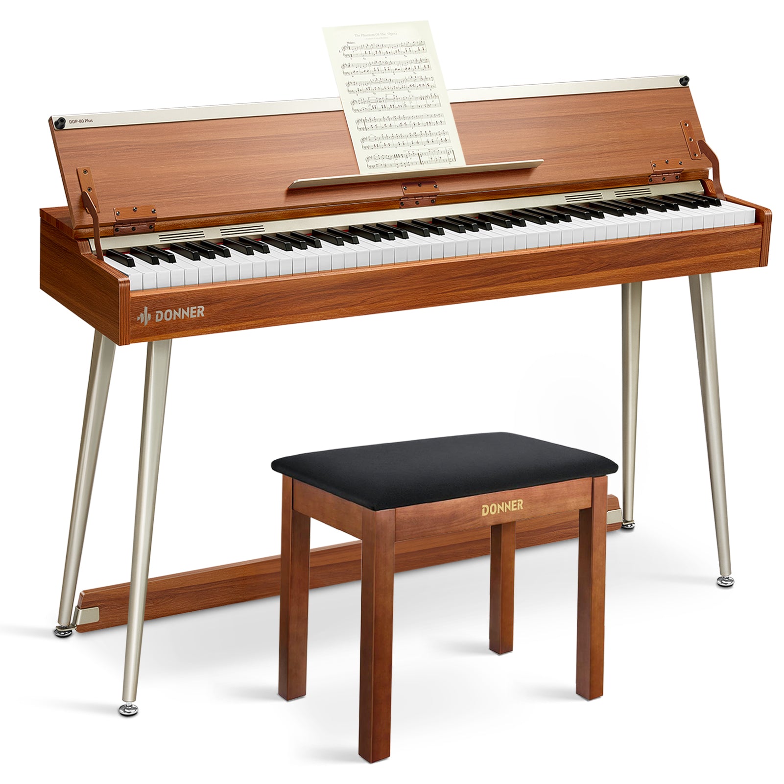Donner DDP-80 PLUS Digitalpiano Minimalistisches Holzdesign - Piano + Brauner Klavierbank von Donner
