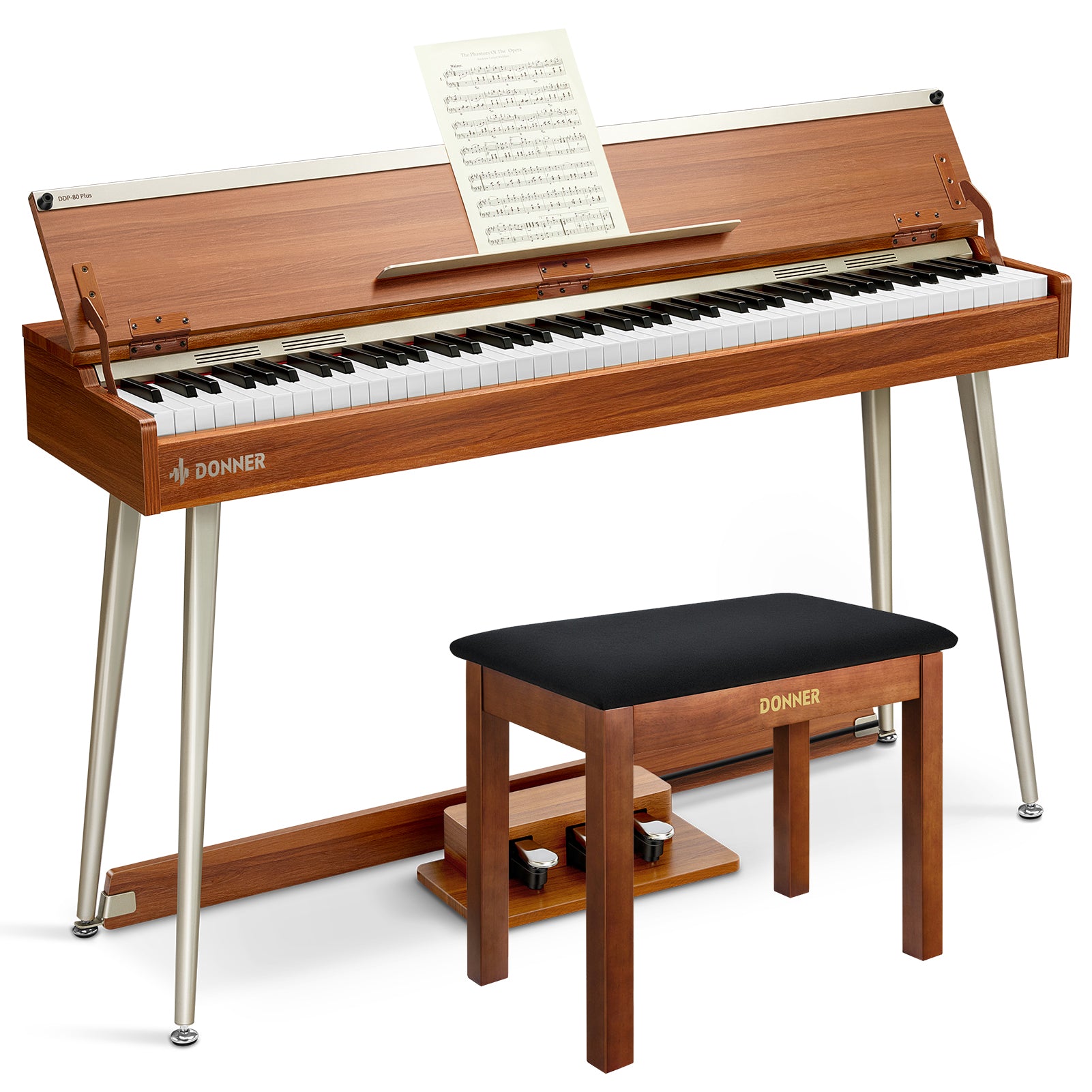 Donner DDP-80 PLUS Digitalpiano Minimalistisches Holzdesign - Piano + Brauner Klavierbank von Donner