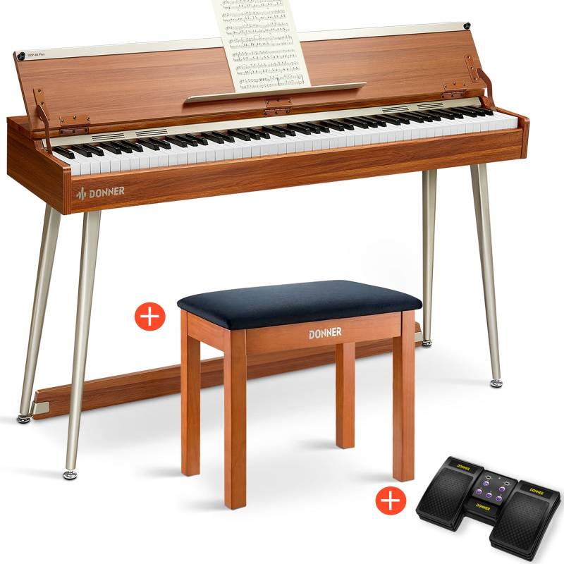 Donner DDP-80 PLUS Digitalpiano Minimalistisches Holzdesign - Piano + Klavierbank + Page Turner von Donner