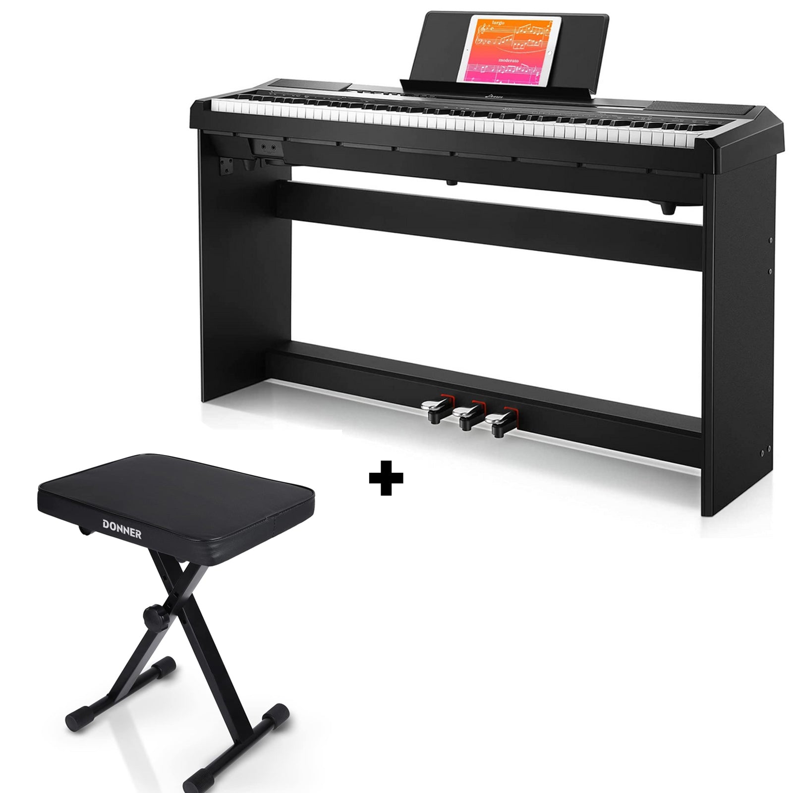 Donner DEP-10 Digitalpiano mit 88 halbgewichteten Tasten Keyboard Set - Piano + X-Förmig Klavierhocker von Donner