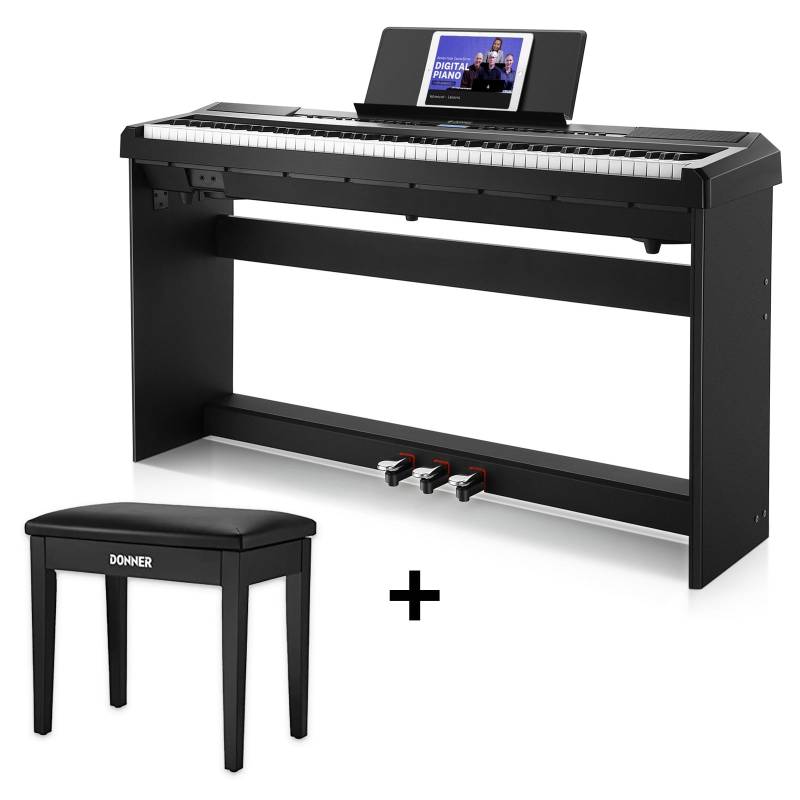 Donner DEP-20S E-Piano 88 Epiano Keyboard Hammermechanik Gewichteten Anfänger Digital Piano, Schwarz / E-Piano + Schwarzer Klavierhocker von Donner