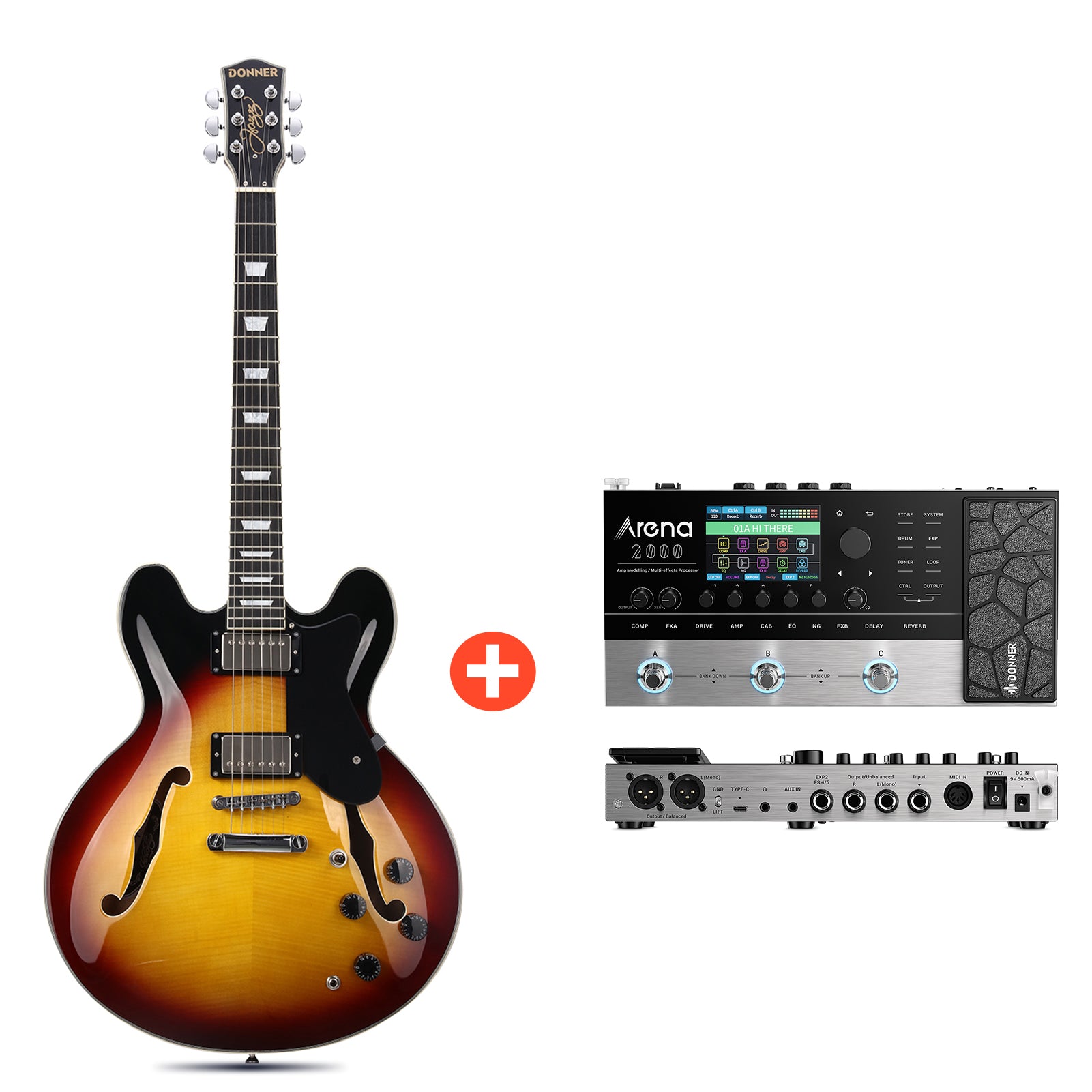 Donner DJP-1000 Jazz-E-Gitarre, DJP-1000B / Gitarre + Arena 2000 Pedal Donner DJP-1000 Jazz-E-Gitarre, DJP-1000B / Gitarre + Arena 2000 Pedal von Donner