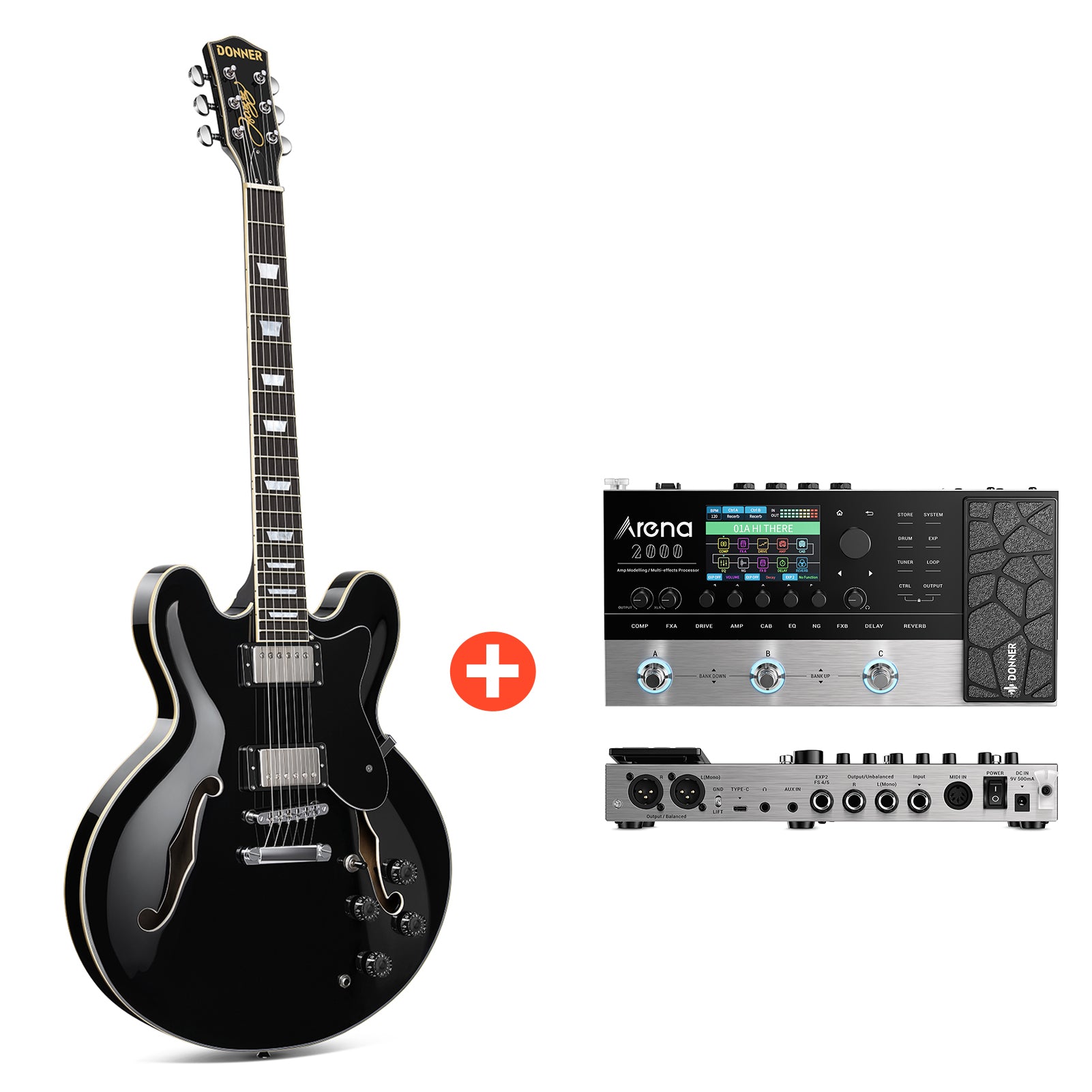 Donner DJP-1000 Jazz-E-Gitarre, DJP-1000D / Gitarre + Arena 2000 Pedal Donner DJP-1000 Jazz-E-Gitarre, DJP-1000D / Gitarre + Arena 2000 Pedal von Donner