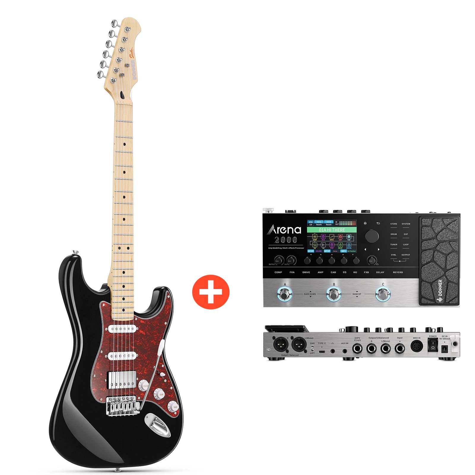 Donner DST-152 E-Gitarre Einsteiger Set ST Type 39 Zoll - DST-152B / Gitarre + Arena 2000 Pedal von Donner