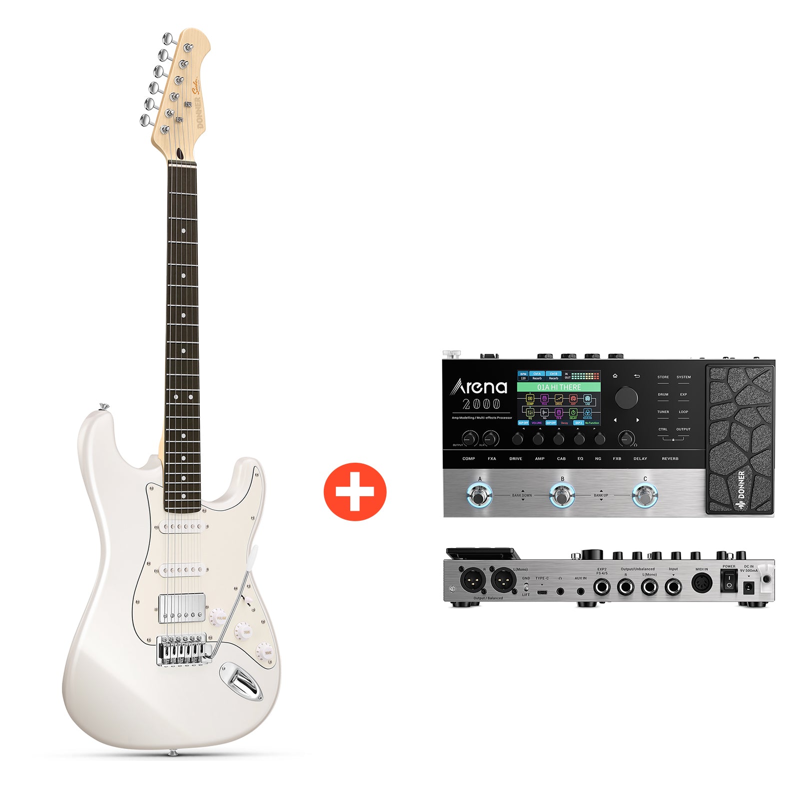 Donner DST-152 E-Gitarre Einsteiger Set ST Type 39 Zoll - DST-152W / Gitarre + Arena 2000 Pedal von Donner