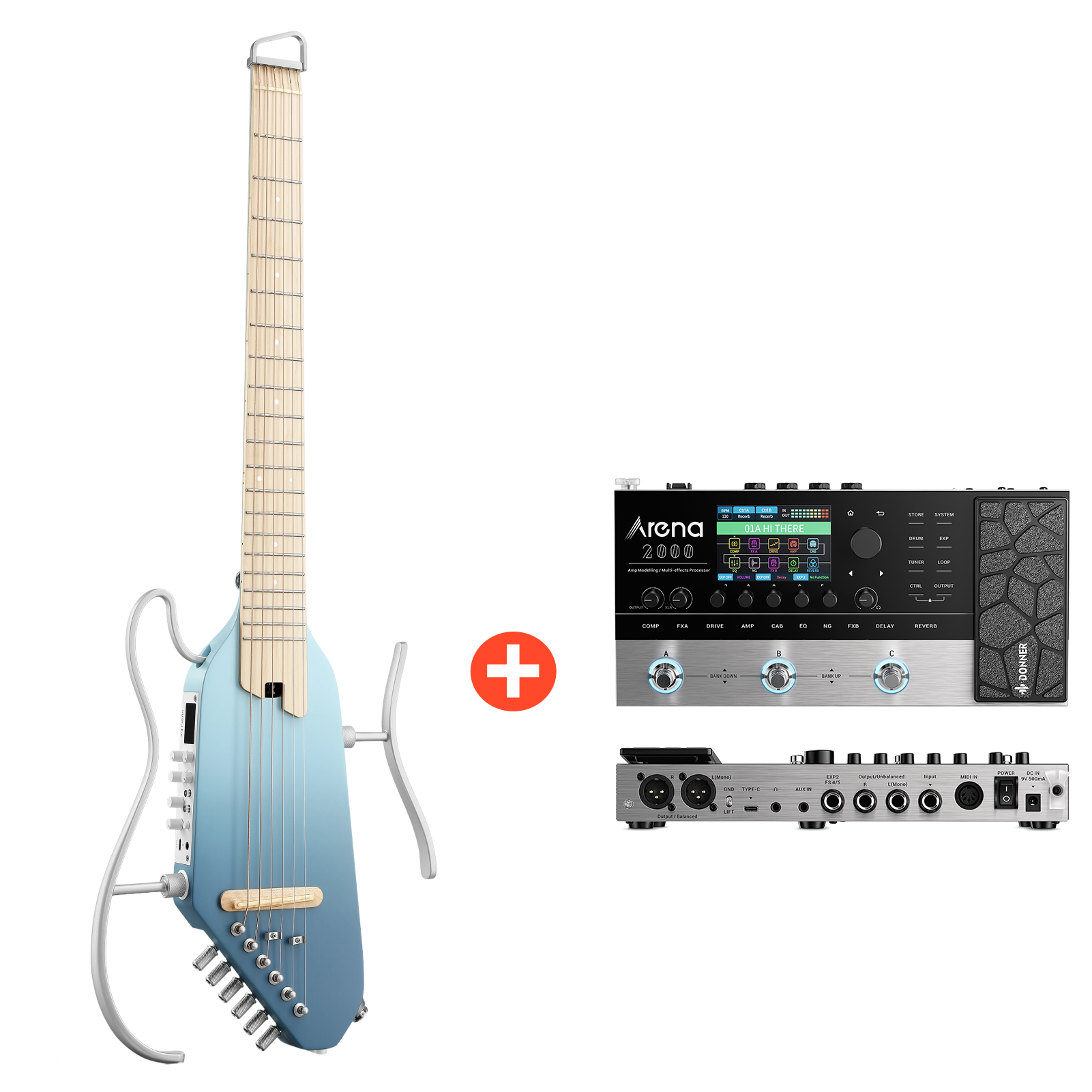 Donner HUSH™ I PRO Reisegitarre, Hawaii-Blau / Gitarre + Arena 2000 Pedal von Donner
