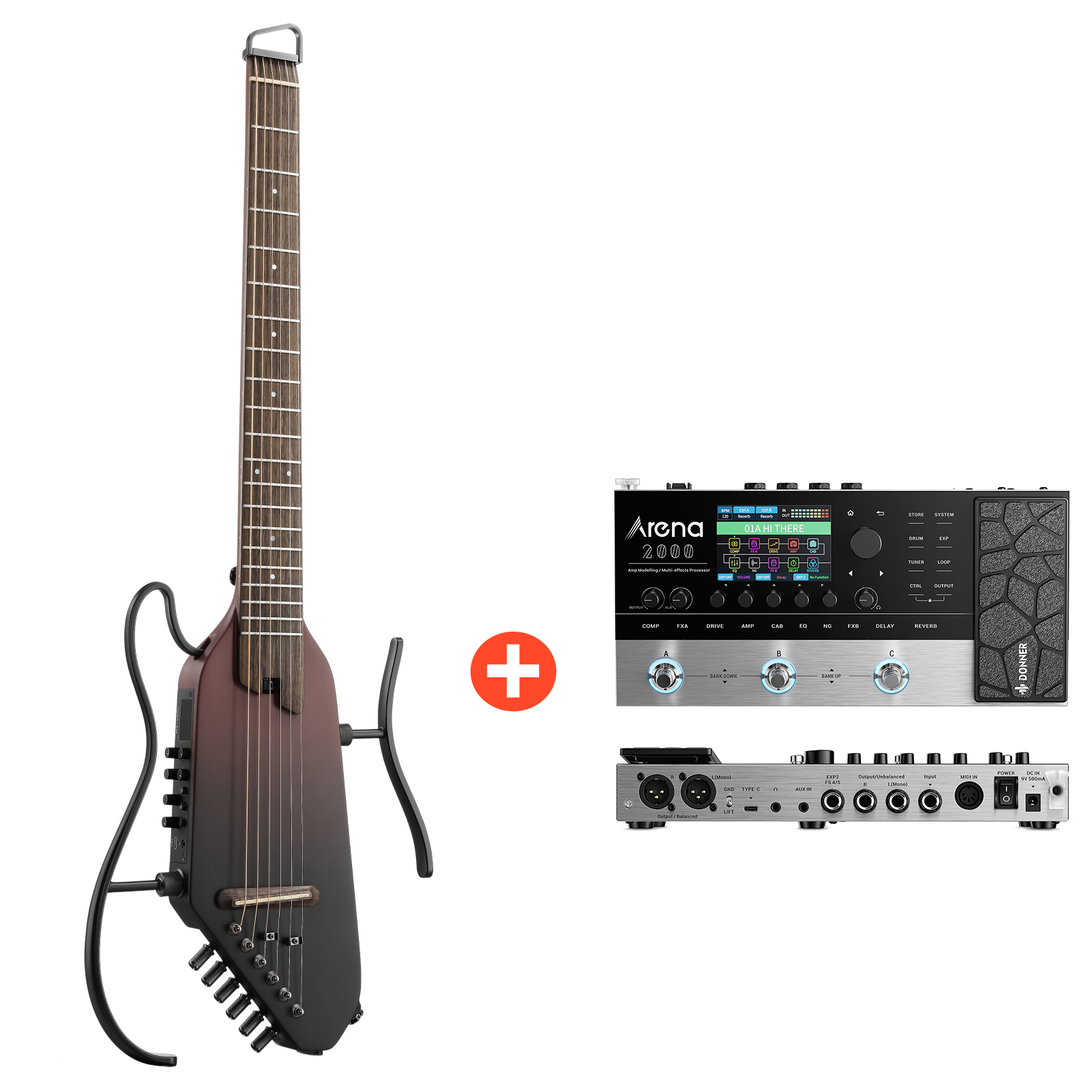 Donner HUSH™ I PRO Reisegitarre, Maillard-Braun Farbverlauf / Gitarre + Arena 2000 Pedal von Donner