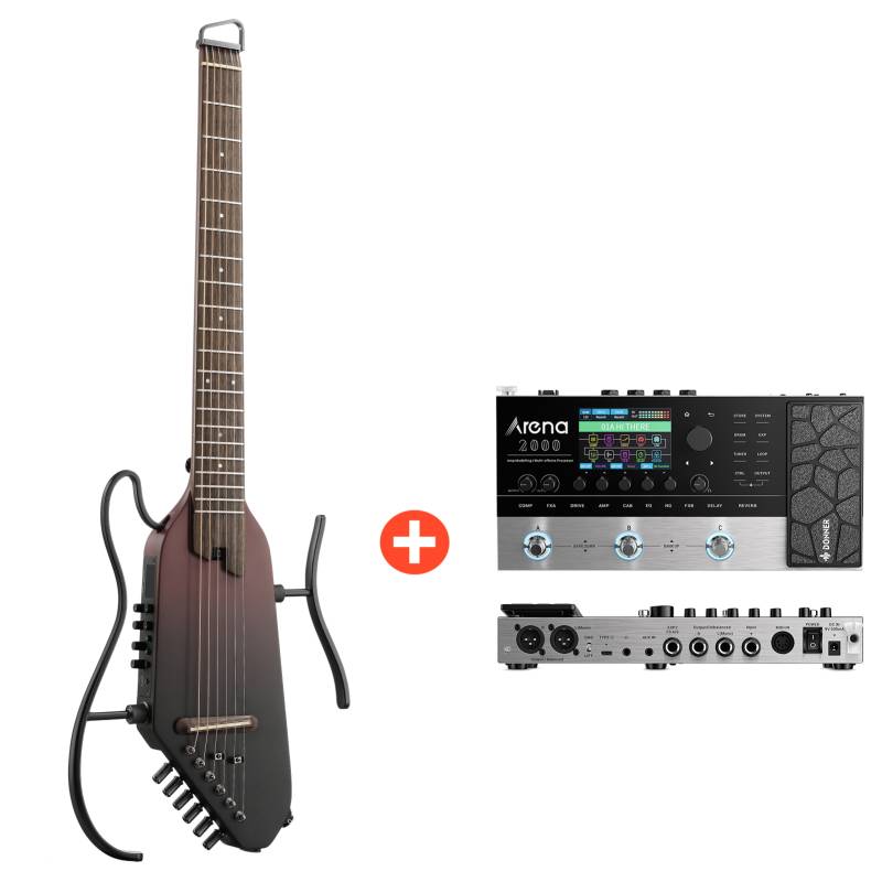 Donner HUSH™ I PRO Reisegitarre, Maillard-Braun Farbverlauf / Gitarre + Arena 2000 Pedal von Donner