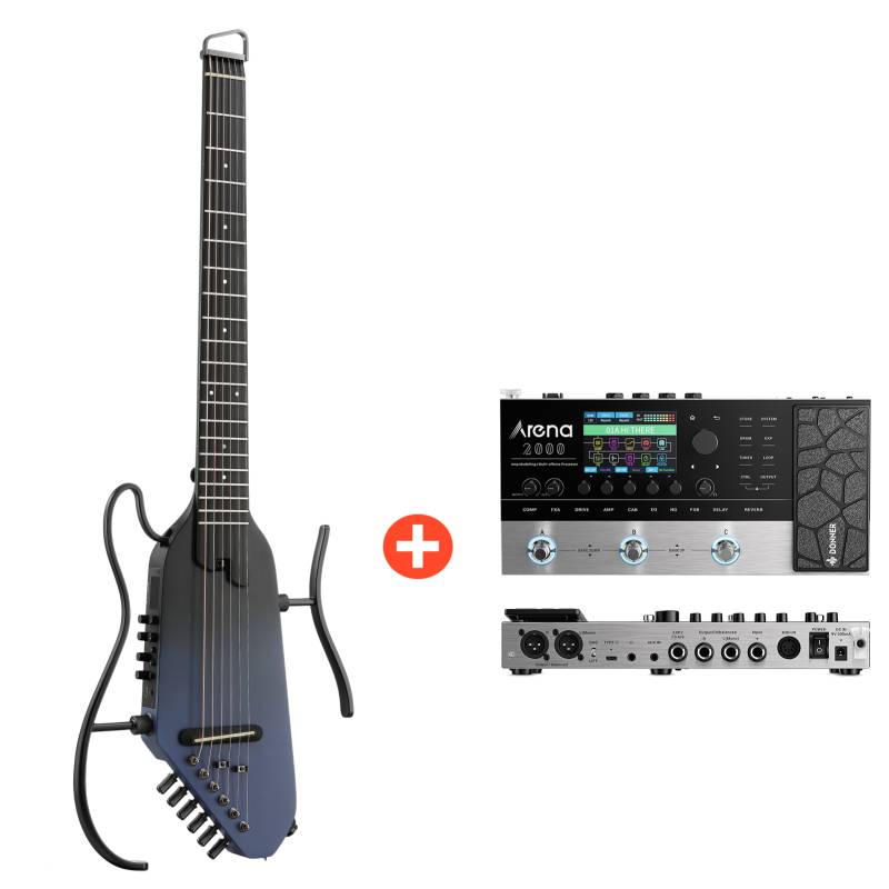 Donner HUSH™ I PRO Reisegitarre, Space Fly Schwarz / Gitarre + Arena 2000 Pedal von Donner