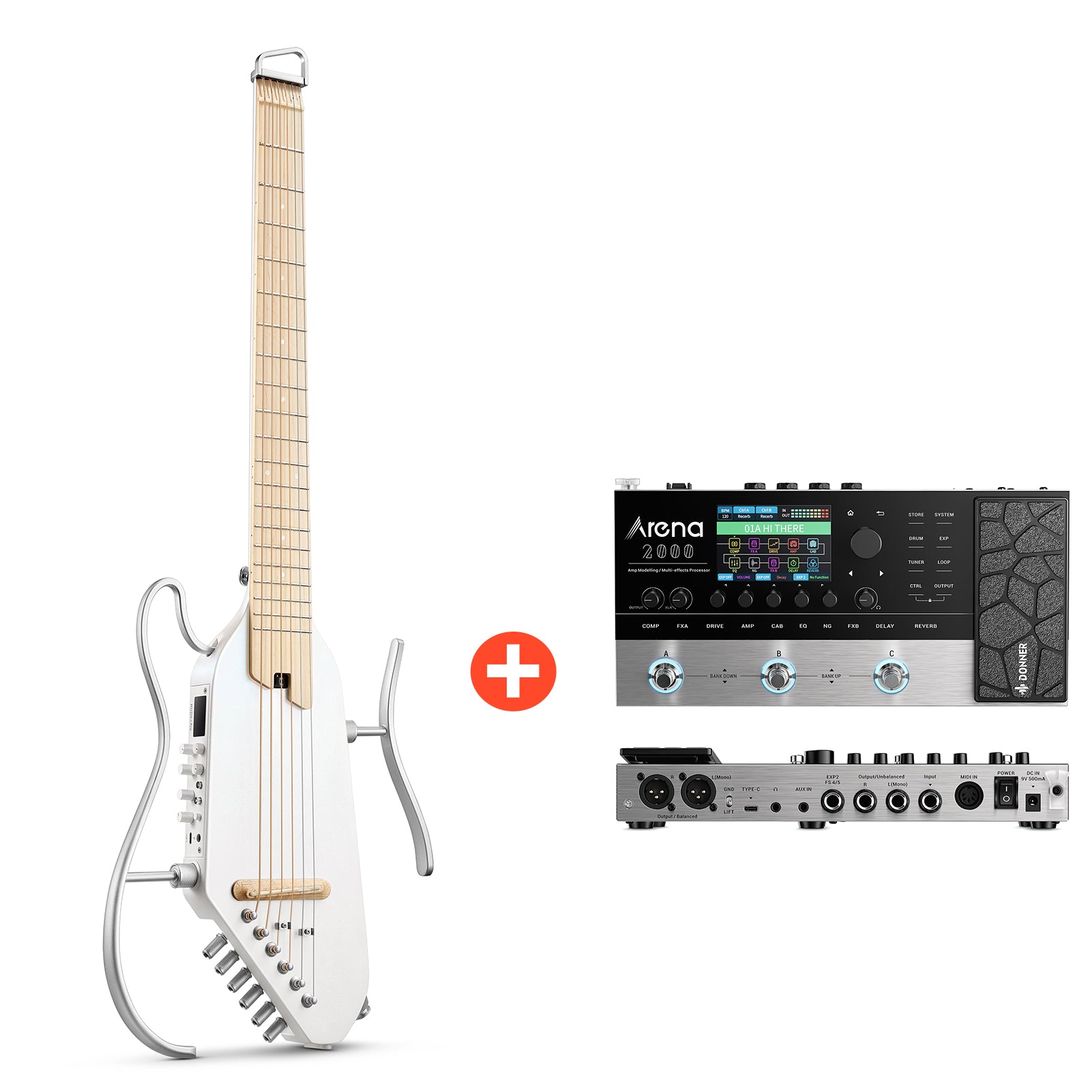 Donner HUSH-I Pro Gitarre Multi-Sound-Modus Tragbare Reisegitarre, Weiß / Gitarre + Arena 2000 Pedal Donner HUSH-I Pro Gitarre Multi-Sound-Modus Tragbare Reisegitarre, Weiß / Gitarre + Arena 2000 Pedal von Donner