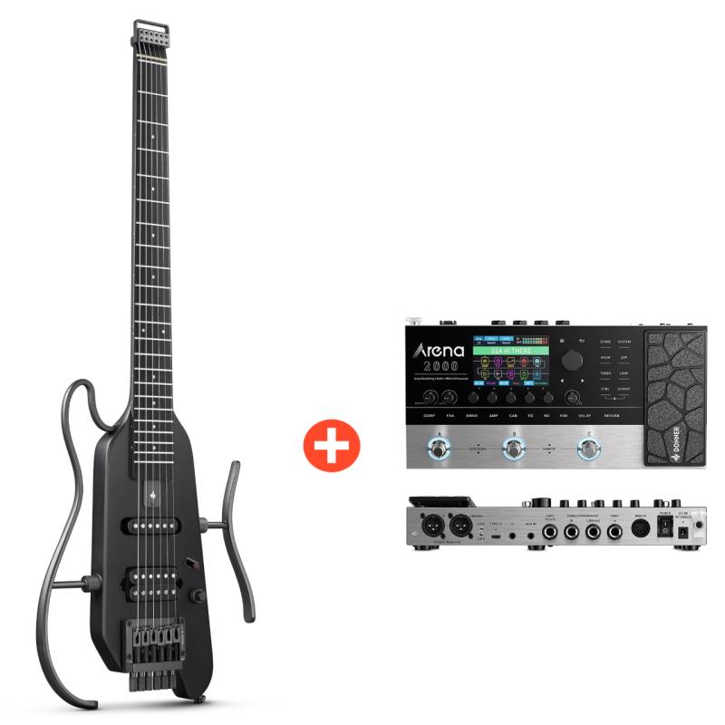 Donner HUSH™ X E-Gitarre Traveler Gitarre Ultra-Light für Unterwegs, Schwarz / Gitarre + Arena 2000 Pedal von Donner
