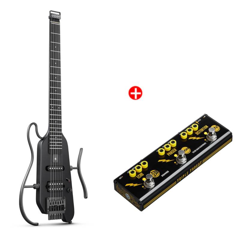 Donner HUSH™ X E-Gitarre Traveler Gitarre Ultra-Light für Unterwegs, Schwarz / Gitarre + JW Pedal von Donner