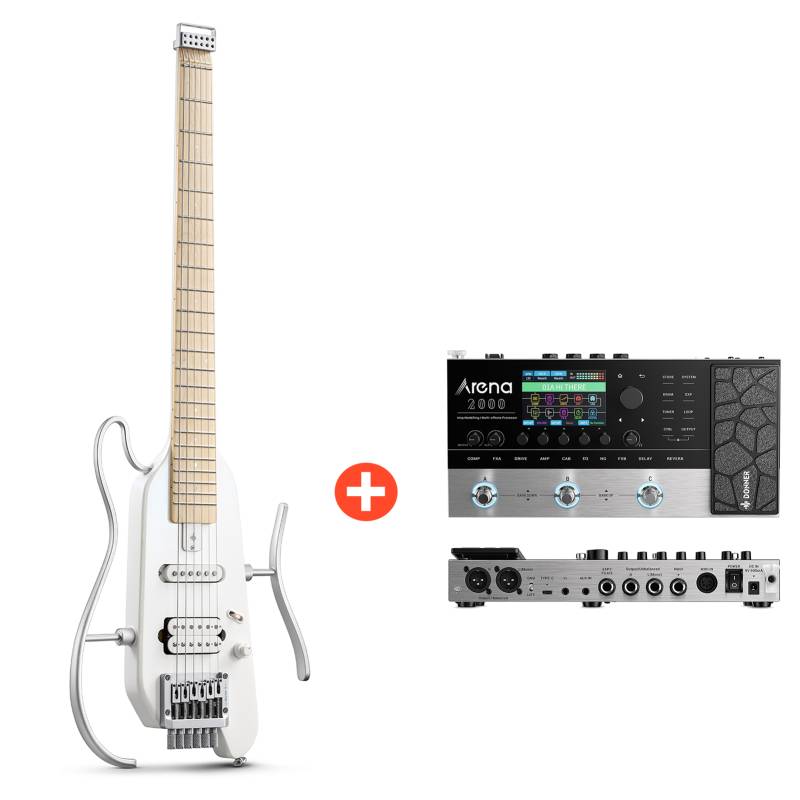 Donner HUSH™ X E-Gitarre Traveler Gitarre Ultra-Light für Unterwegs, Weiß / Gitarre + Arena 2000 Pedal von Donner