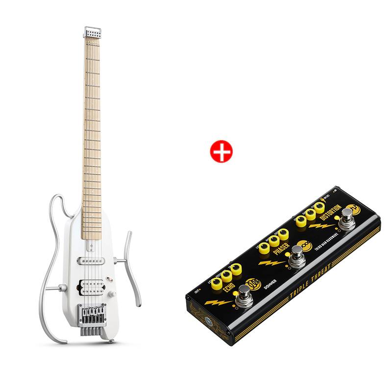Donner HUSH™ X E-Gitarre Traveler Gitarre Ultra-Light für Unterwegs, Weiß / Gitarre + JW Pedal von Donner