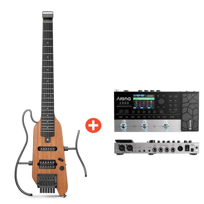 Donner HUSH-X  E-Gitarre Traveler Gitarre Ultra-Light für Unterwegs - Natürlich / Gitarre + Arena 2000 Pedal von Donner