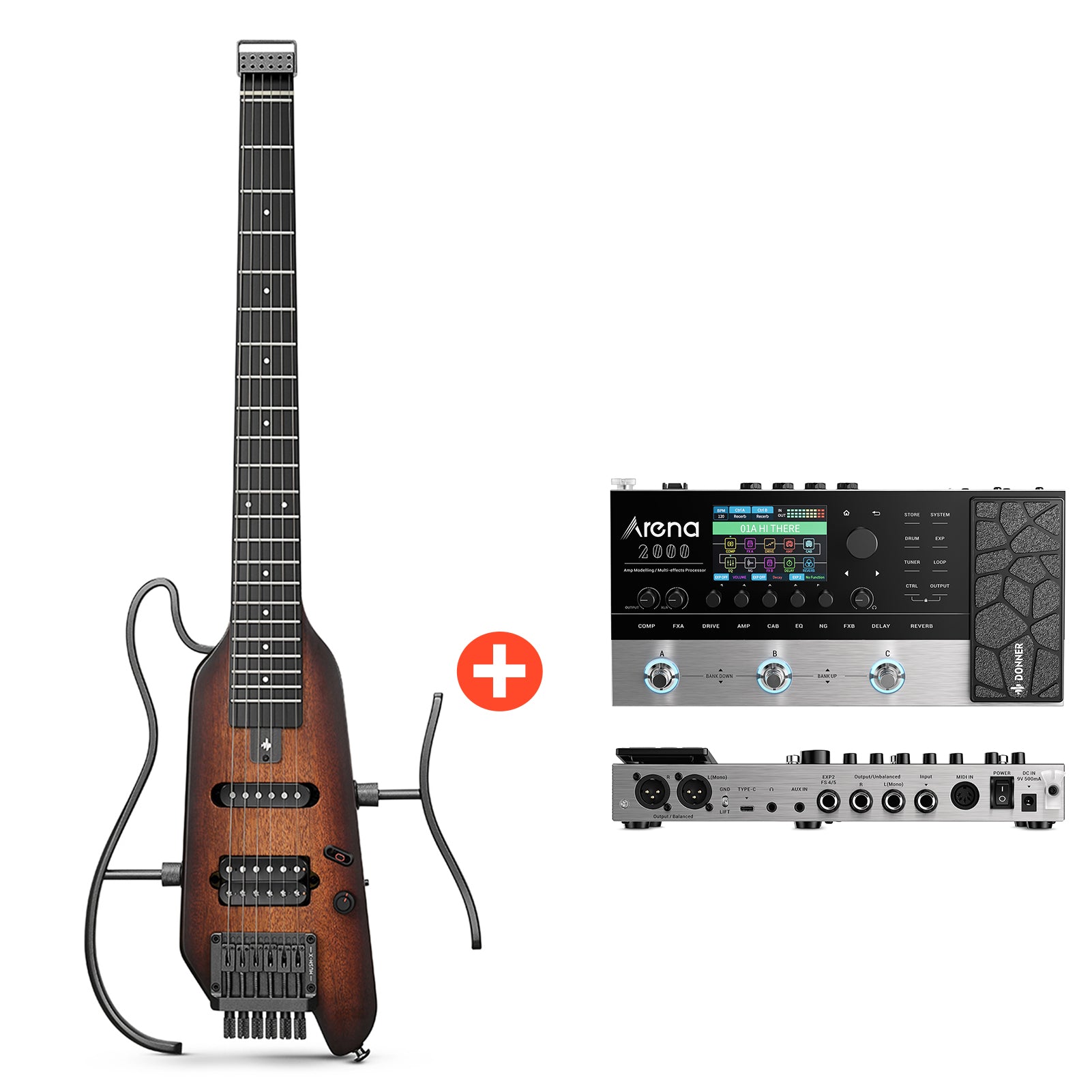 Donner HUSH-X  E-Gitarre Traveler Gitarre Ultra-Light für Unterwegs - Sunburst / Gitarre + Arena 2000 Pedal von Donner