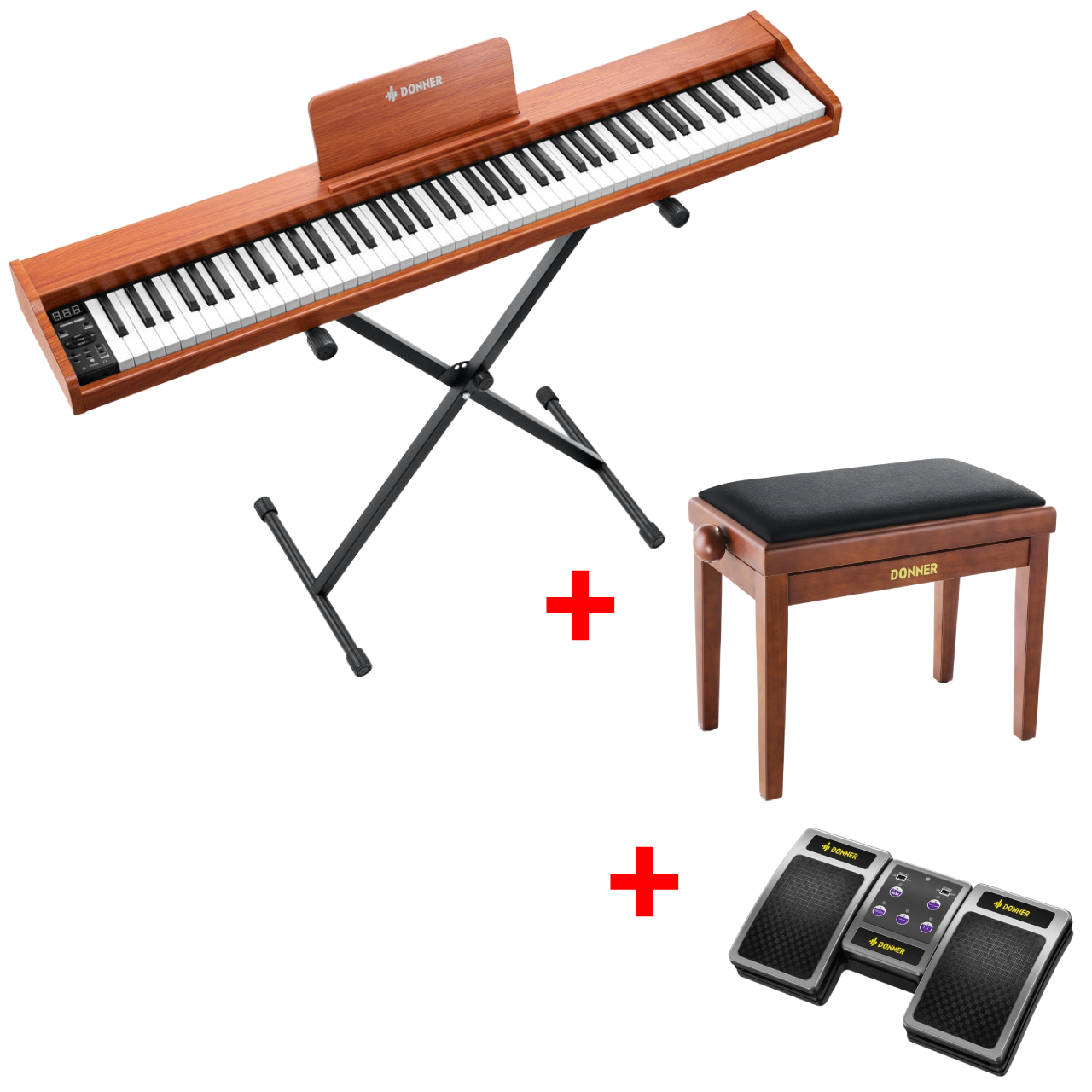 Donner DEP-1S Digitalpiano Halbgewichtete E-Piano Tastatur im Holzstil, Piano + höhenverstellbare Bank + Page Turner von Donner