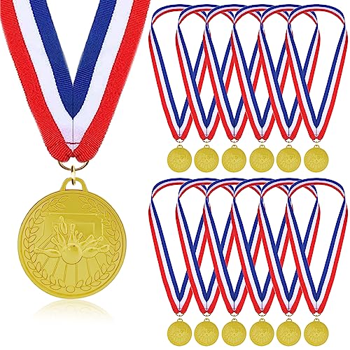 Bowling Medaillen für Kinder, 12 Stück Bowling Mitgebsel Goldene Metallmedaille mit Dreifarbigem Nylonband, Bowling Party Gefälligkeiten für Jungen Kinder Erwachsene von Donrime