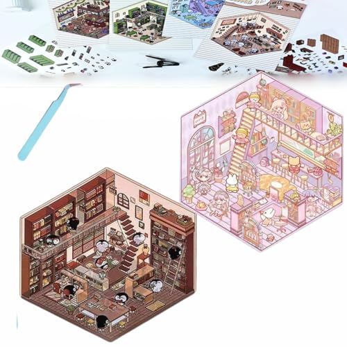 Donubiiu 4 Sets 3D Haus Sticker, DIY Szene Gestalten Sie Ihren Eigenen Supermarkt|Café|Restaurant|Buchladen, 3D Szene für Erwachsene und Kinder (2 Stück-H) von Donubiiu