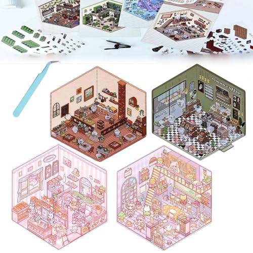 Donubiiu 4 Sets DIY 3D Haus Sticker, Machen Sie Ihre Eigene Szene: Supermarkt|Café|Restaurant|Buchhandlung, 3D Szene für Erwachsene und Kinder (4 Stück-D) von Donubiiu