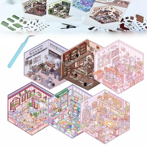 Donubiiu 4 Sets DIY 3D House Stickers, DIY Stickers Scene Make Your Own Supermarket|Coffee Shop|Restaurant|Bookstore, Scene Stickers 3D for Adult Kids (6PCS-A) von Donubiiu