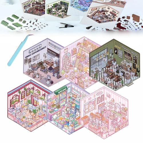 Donubiiu 4 Sets 3D Haus-Sticker, DIY Szene Gestalten Sie Ihren Eigenen Supermarkt|Café|Restaurant|Buchladen, 3D-Szenen für Erwachsene und Kinder (6 Stück-C) von Donubiiu