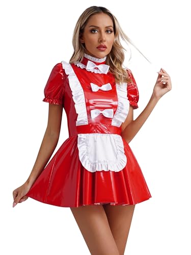 Doomiva Damen Dienstmädchen Kostüm Cosplay Französisch Magd Uniform Kanrevalskostüm mit Halsriemen Faschingskostüm Wetlook Minikleid Lederkleid Xd Rot S von Doomiva