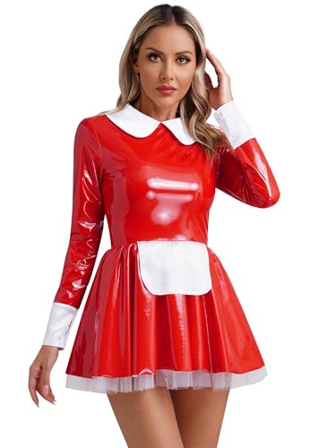Doomiva Damen Dienstmädchen Kostüm Cosplay Französisch Magd Uniform Kanrevalskostüm mit Halsriemen Faschingskostüm Wetlook Minikleid Lederkleid Xe Rot 4XL von Doomiva