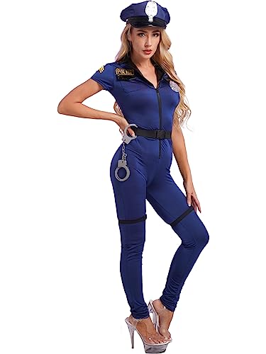 Doomiva Damen Kostüm Polizistin Uniform Polizei Overall Halloween Karneval Faschingskotüm Mottoparty Cop Ganzanzug Blau S von Doomiva