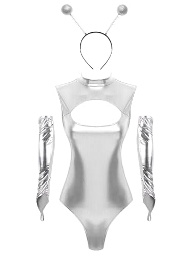 Doomiva Damen Metallic Body Kostüm Set Mit Alien Stirnband Ärmellose Catsuit Silber Tanzkostüm Halloween Karneval Faschingskostüm Silber XXL Doomiva Damen Metallic Body Kostüm Set Mit Alien Stirnband Ärmellose Catsuit Silber Tanzkostüm Halloween Karneval Faschingskostüm Silber XXL von Doomiva