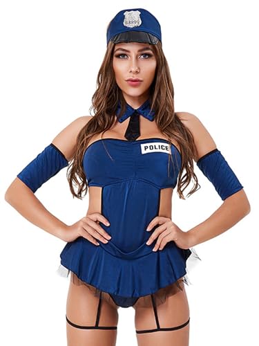Doomiva Damen Polizistin Kostüm Set Cosplay Cop Uniform Offizier Outfit Einteiler Body Halloween Karneval Faschingskostüm Navy blau XL von Doomiva