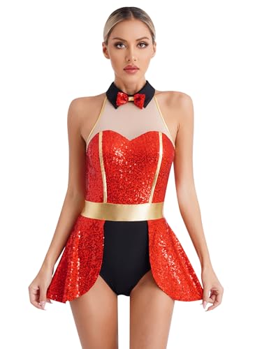 Doomiva Damen Zirkus Kostüm Ärmellose Body Glitzer Tanzbody Zirkusdirektorin Faschingskostüm Halloween Festlich Tanzkostüm Rot XXL von Doomiva